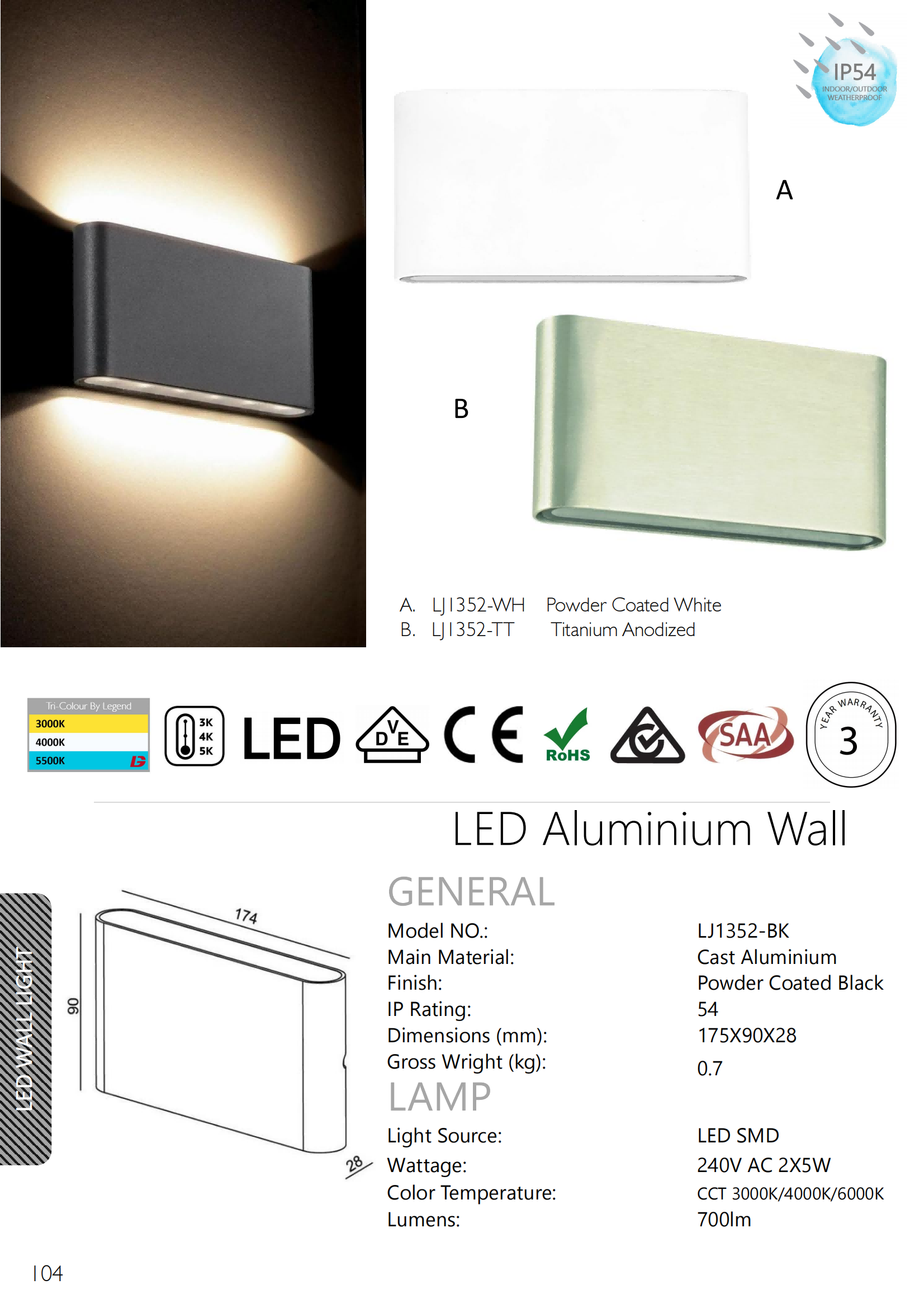 Aluminium Black LED Wall Light
